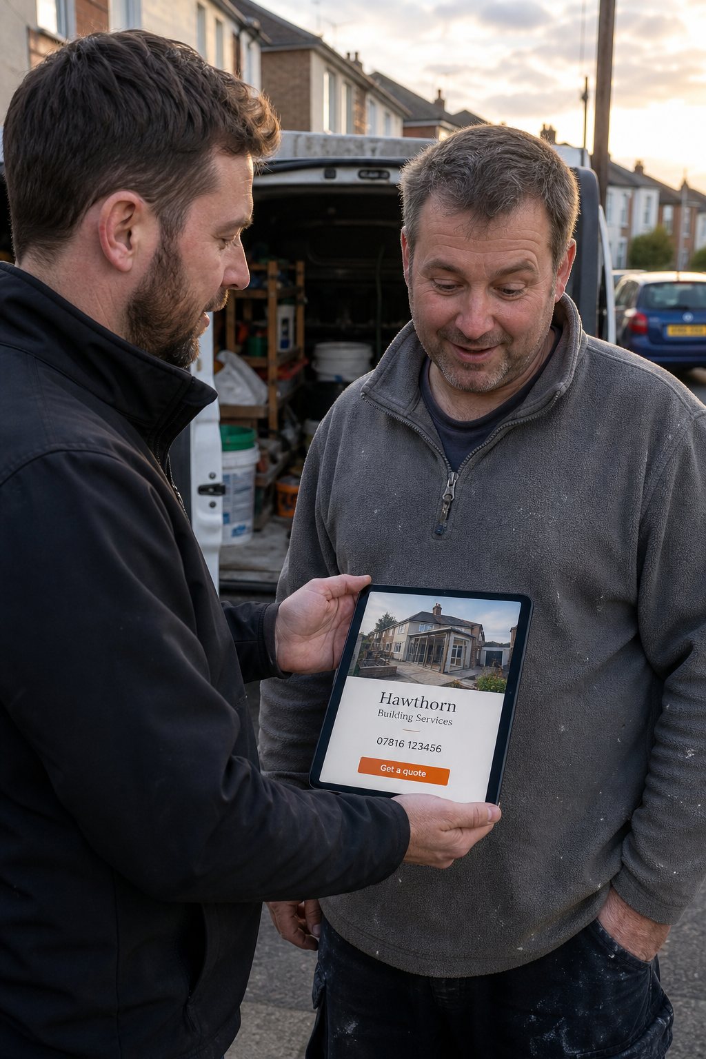 A designer showing a tradesman his new website on a tablet, at the back of a van